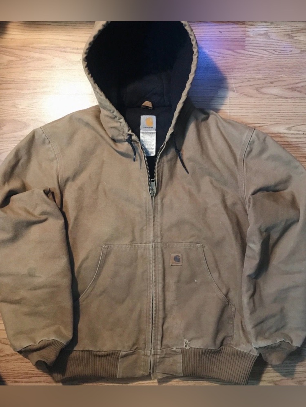 Carhartt Original J130 Brown Quilt Lined Hooded Jacket L Full Zip Winter Coat